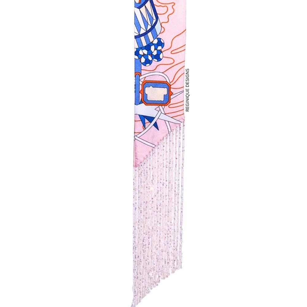 SeraBijoulet™ Handcrafted Silk Skinny Scarf with Beaded Fringe - Picture 2 of 7